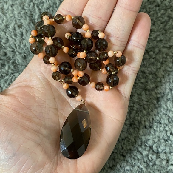 Vintage coral and smokey topaz stone necklace 14K - Picture 9 of 9